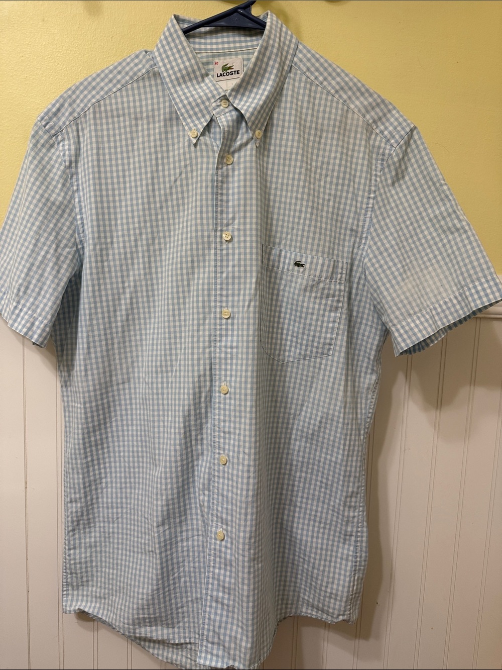 Lacoste Men's Lt. Blue Gingham Short Sleeve Button-Down Shirt 40(large)